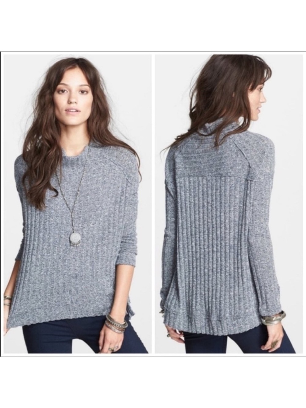 Free People Gray Heather Ribbed Crewneck Sweater